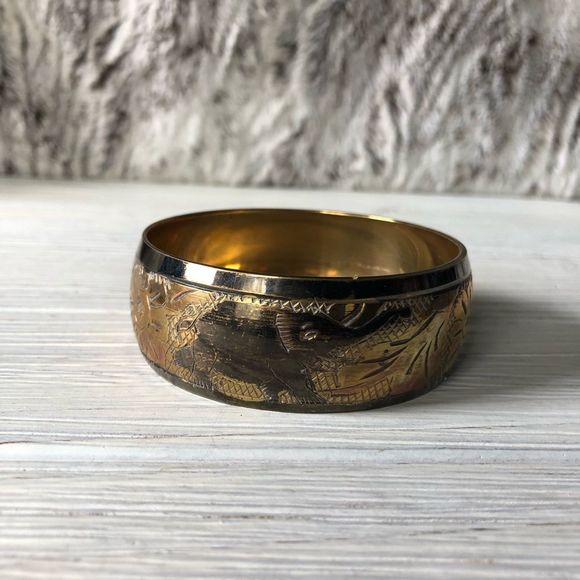 Vintage Jewelry - Vintage Indian Elephant Ganesh Floral Engraved Patina Brass Cuff Bangle
